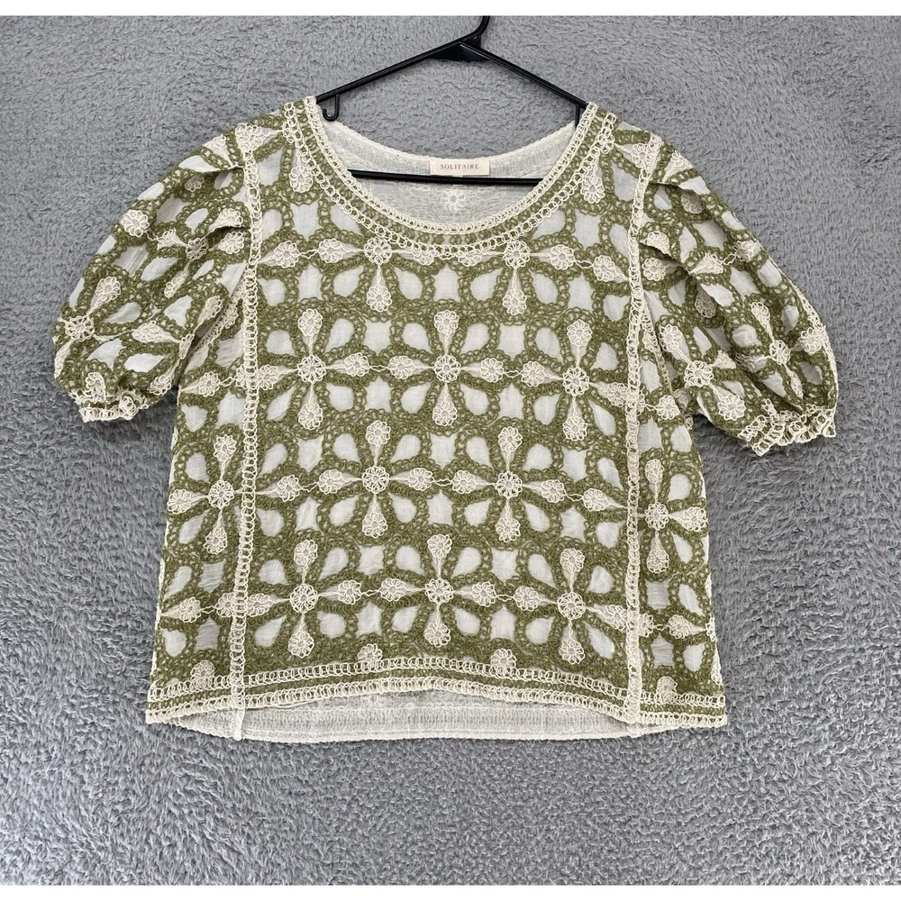 Solitaire Shirt Womens Medium Crochet Lace Floral Puff Sleeve Boho Top‎ Green